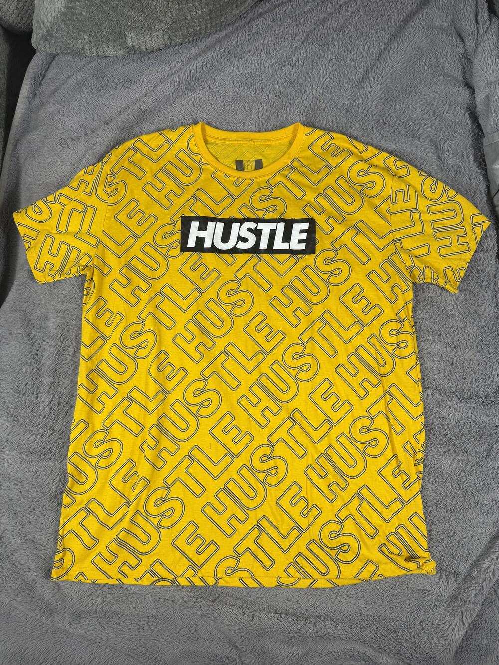 Hustle Shirt Mens 2XL Yellow All Over Logo Graphic Motivational Tee Print